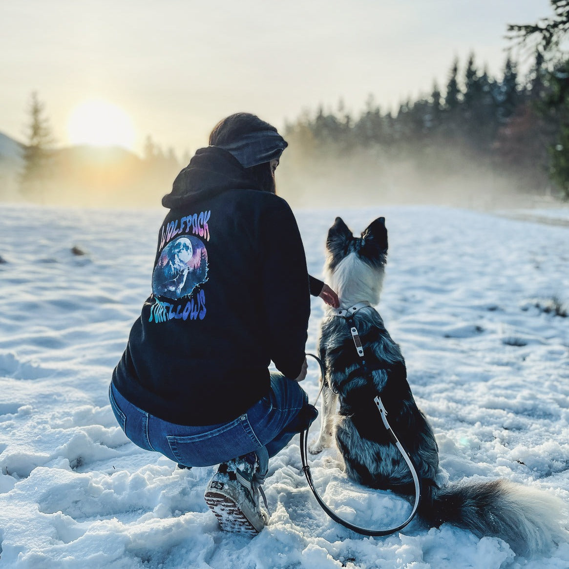 Hands-Free-Hundeleine in black & white aus Biothane, Hoodie Wolfpack mit passendem Biothane Brustgeschirr